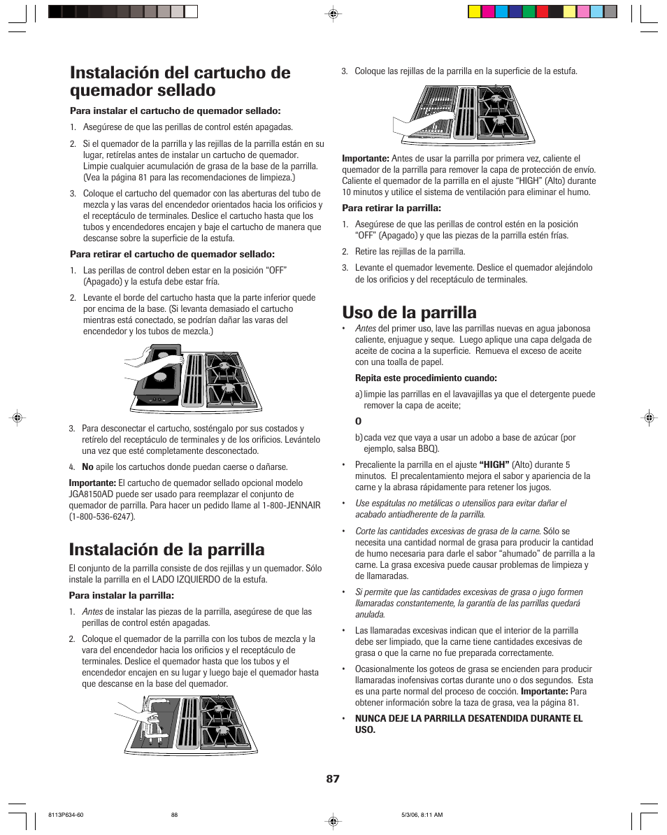Instalación del cartucho de quemador sellado, Instalación de la parrilla, Uso de la parrilla | Jenn-Air PRO-STYLE 8113P754-60 User Manual | Page 88 / 108