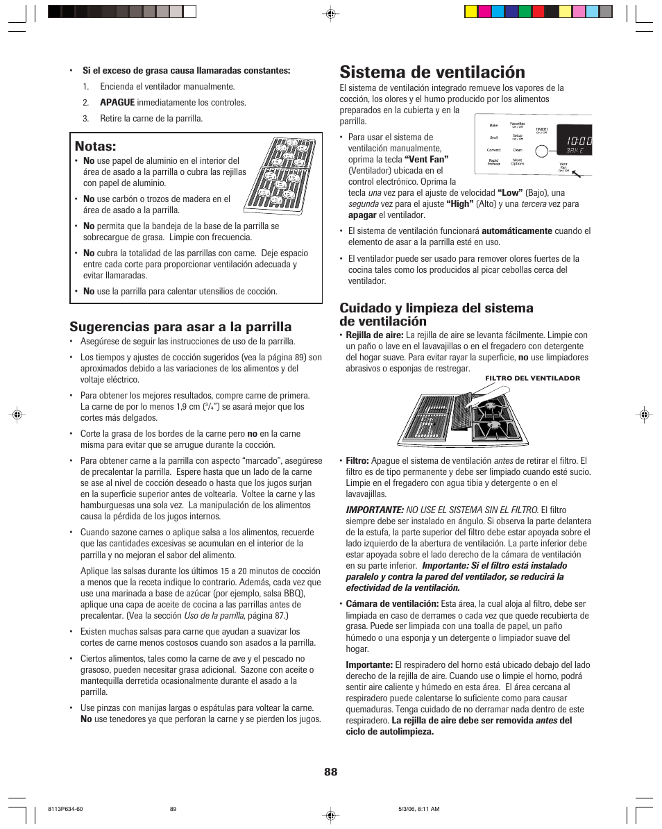 Sistema de ventilación, Notas, Sugerencias para asar a la parrilla | Cuidado y limpieza del sistema de ventilación | Jenn-Air PRO-STYLE 8113P754-60 User Manual | Page 89 / 108