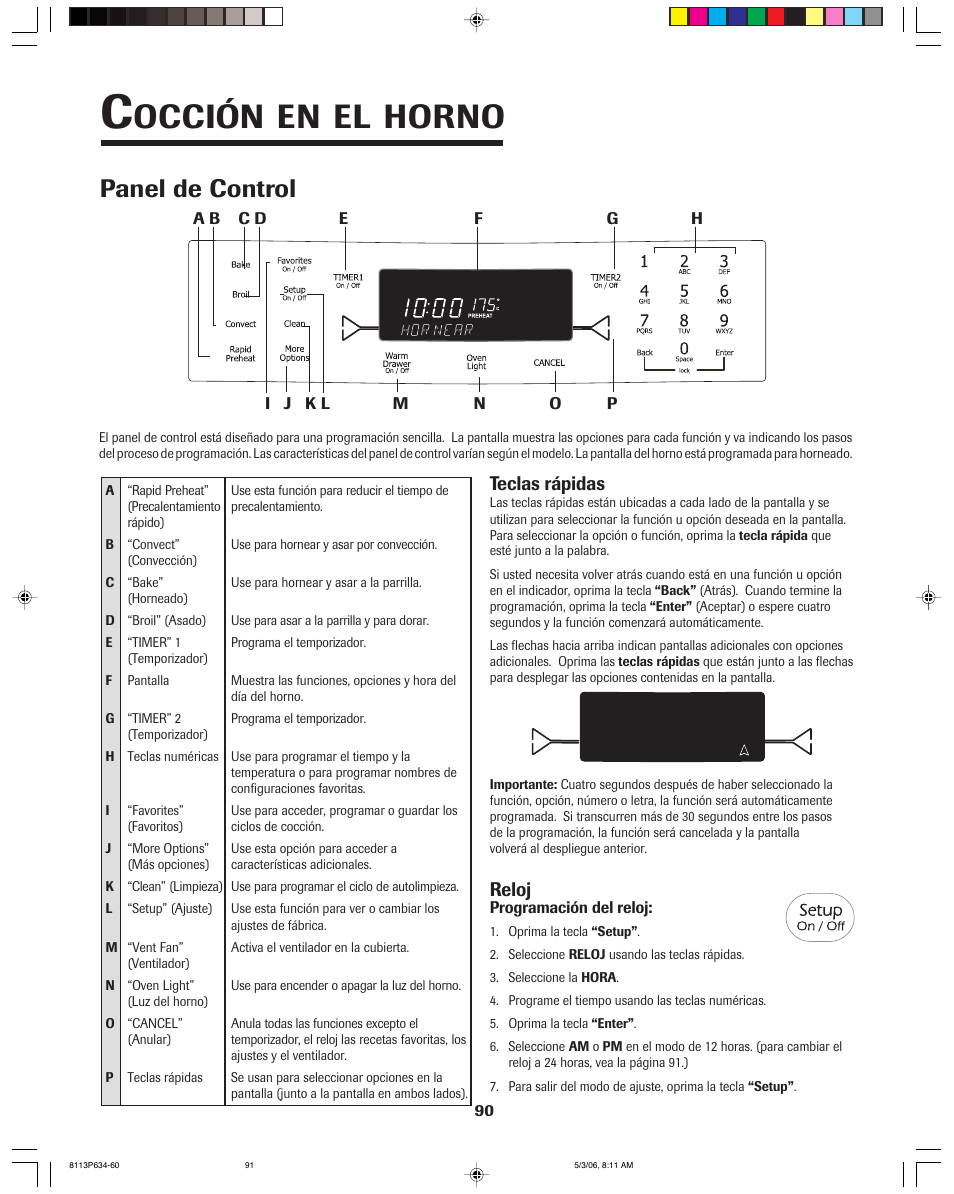 Occión en el horno, Panel de control, Teclas rápidas | Reloj | Jenn-Air PRO-STYLE 8113P754-60 User Manual | Page 91 / 108