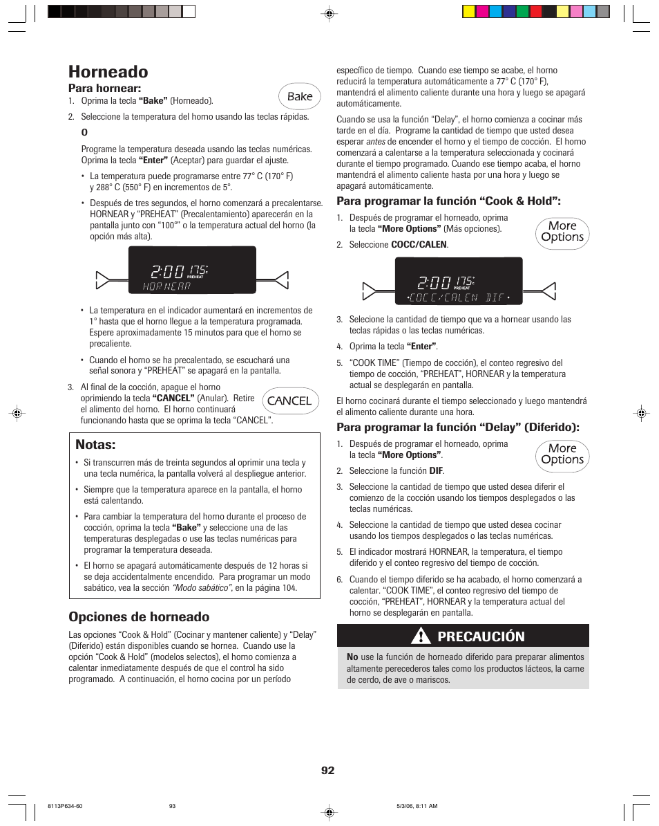 Horneado, Notas, Precaución | Opciones de horneado | Jenn-Air PRO-STYLE 8113P754-60 User Manual | Page 93 / 108