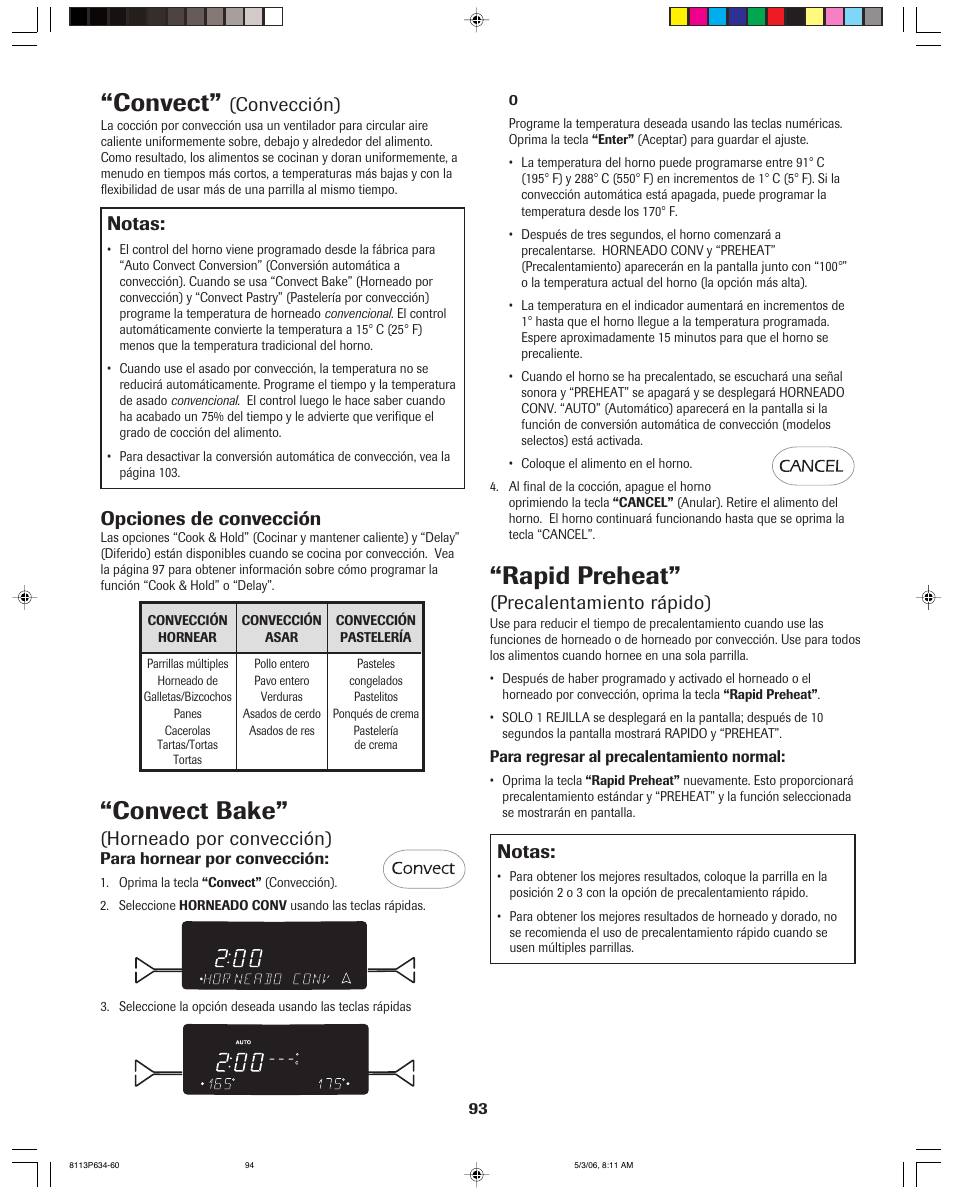 Convect, Convect bake, Rapid preheat | Convección), Notas, Horneado por convección), Opciones de convección, Precalentamiento rápido) | Jenn-Air PRO-STYLE 8113P754-60 User Manual | Page 94 / 108