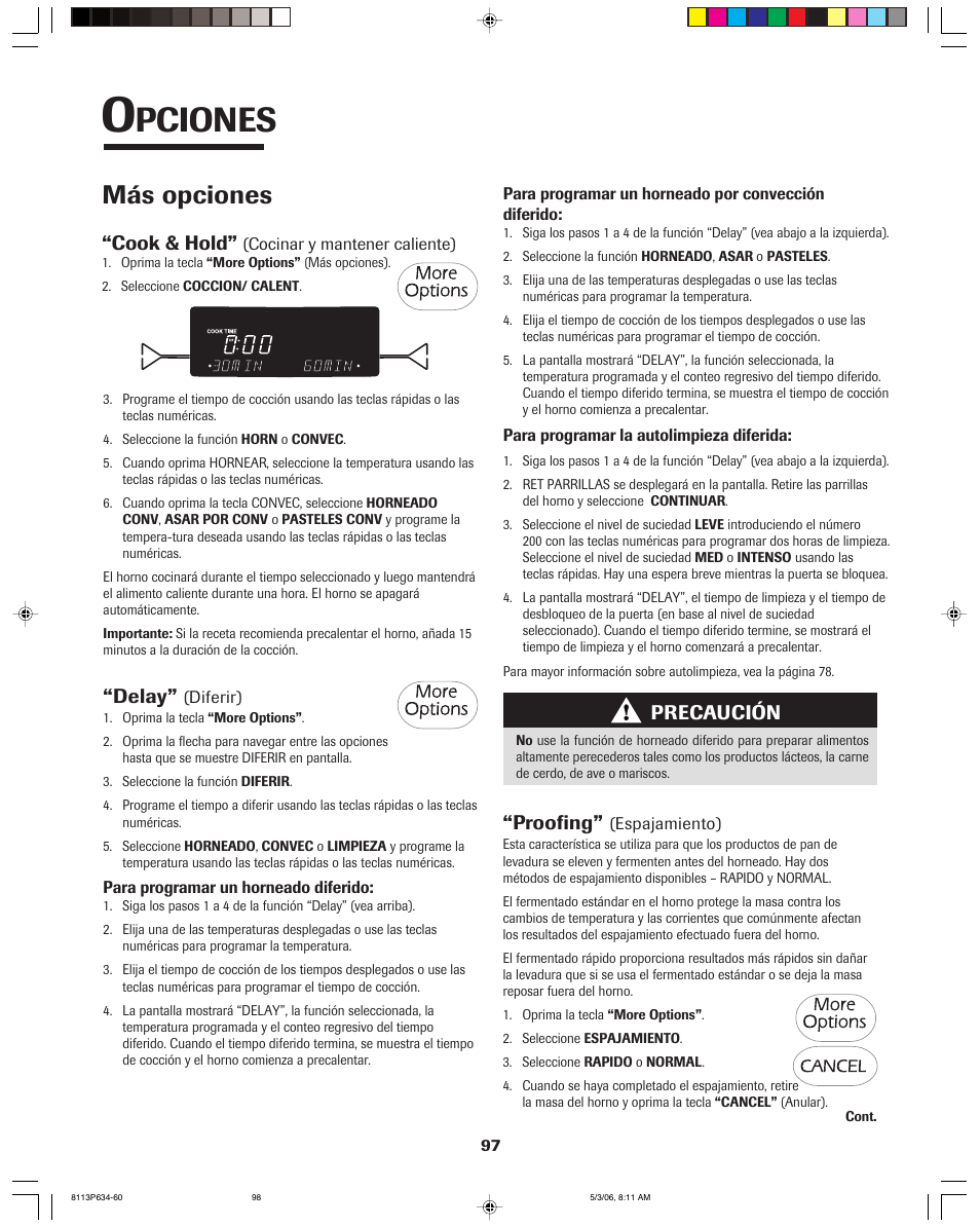 Pciones, Más opciones, Cook & hold | Delay, Proofing, Precaución | Jenn-Air PRO-STYLE 8113P754-60 User Manual | Page 98 / 108