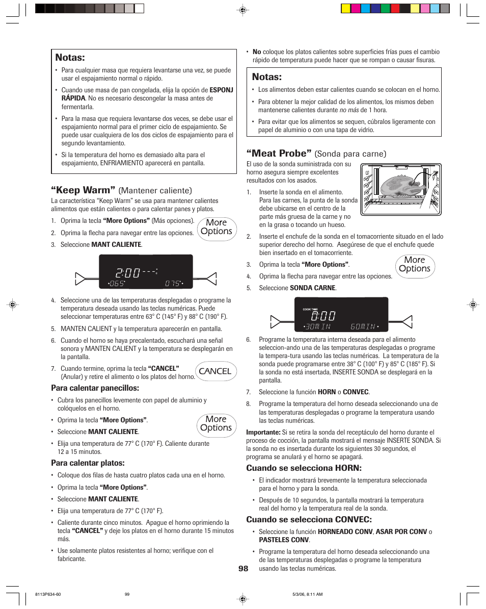 Notas, Keep warm, Meat probe | Jenn-Air PRO-STYLE 8113P754-60 User Manual | Page 99 / 108