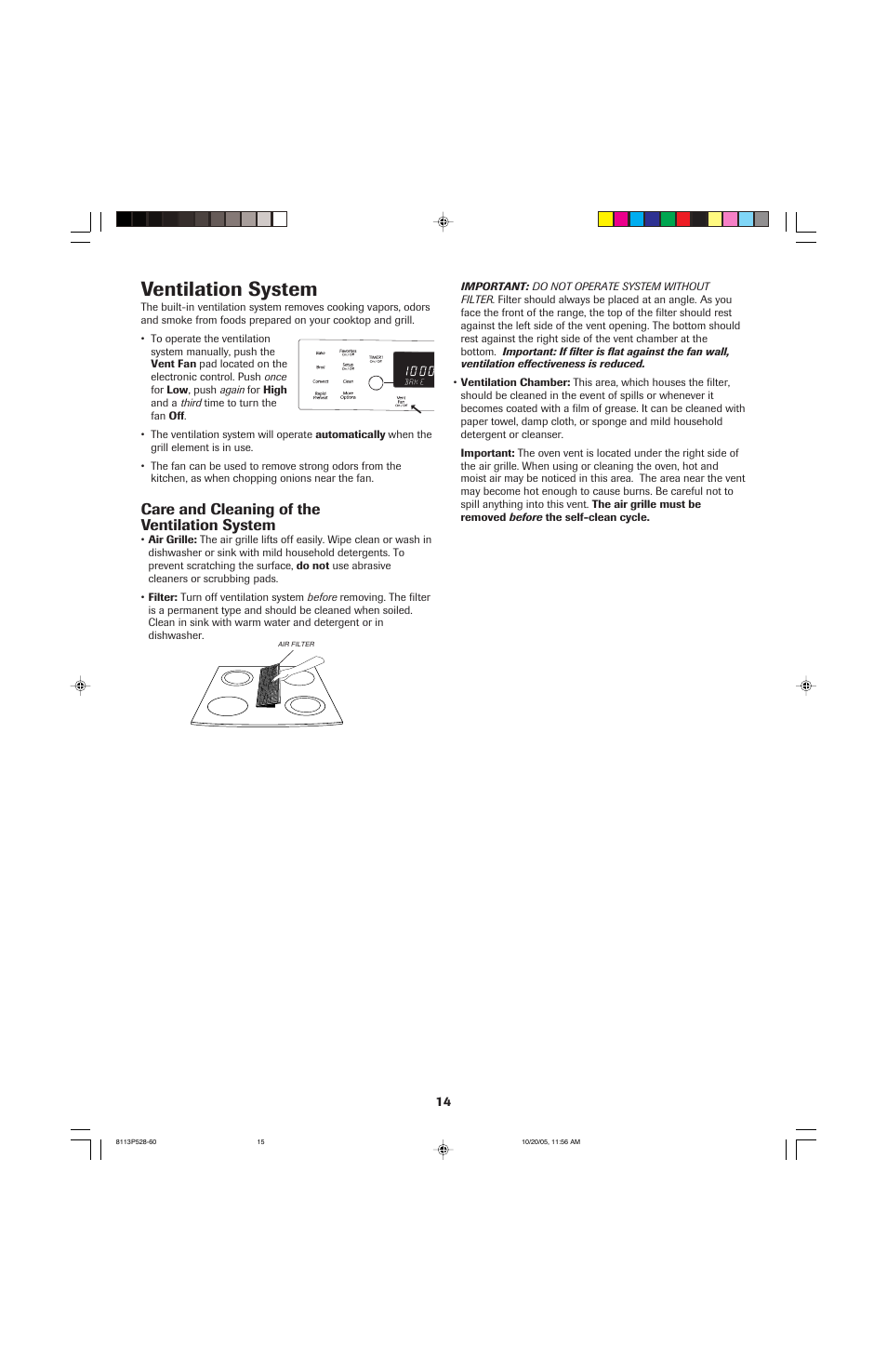 Ventilation system, Care and cleaning of the ventilation system | Jenn-Air air filter User Manual | Page 15 / 96