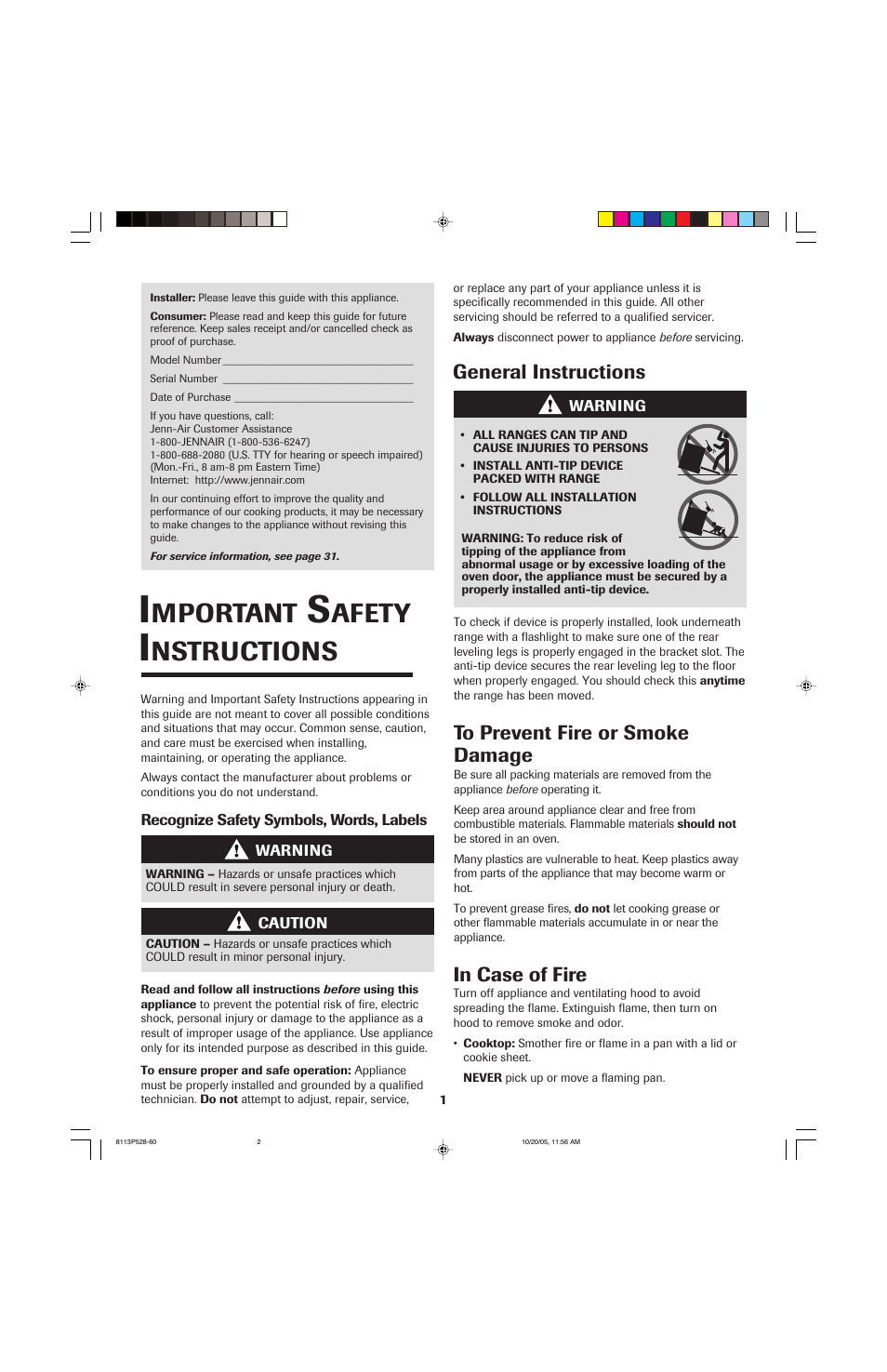 Mportant, Afety, Nstructions | General instructions | Jenn-Air air filter User Manual | Page 2 / 96