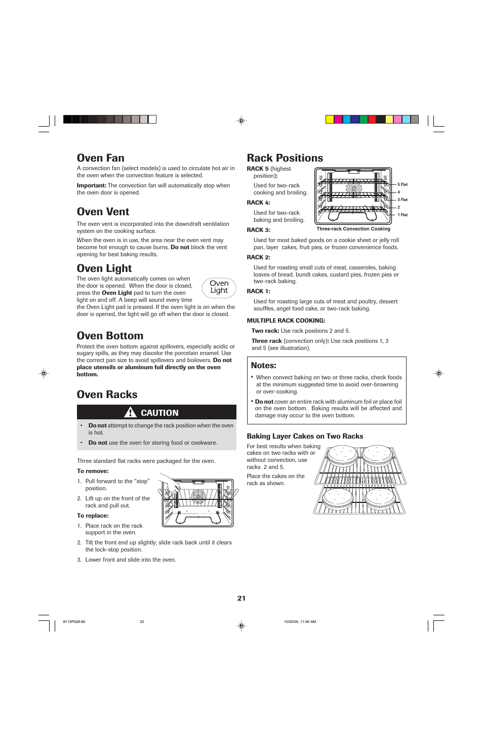 Oven racks, Oven light, Oven bottom | Oven fan, Oven vent, Rack positions, Caution | Jenn-Air air filter User Manual | Page 22 / 96