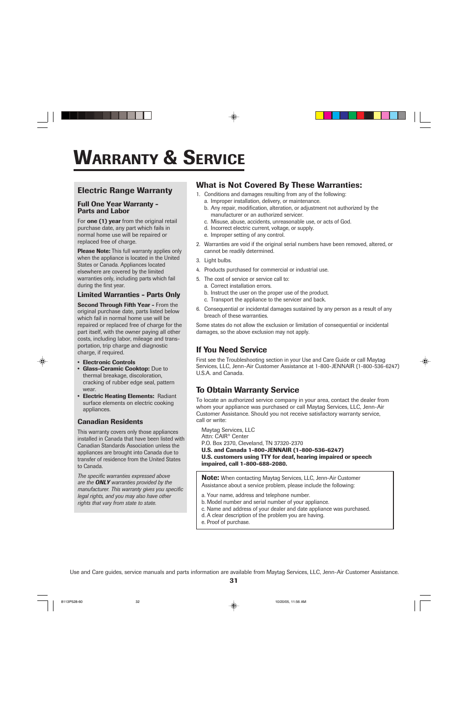 Arranty, Ervice | Jenn-Air air filter User Manual | Page 32 / 96