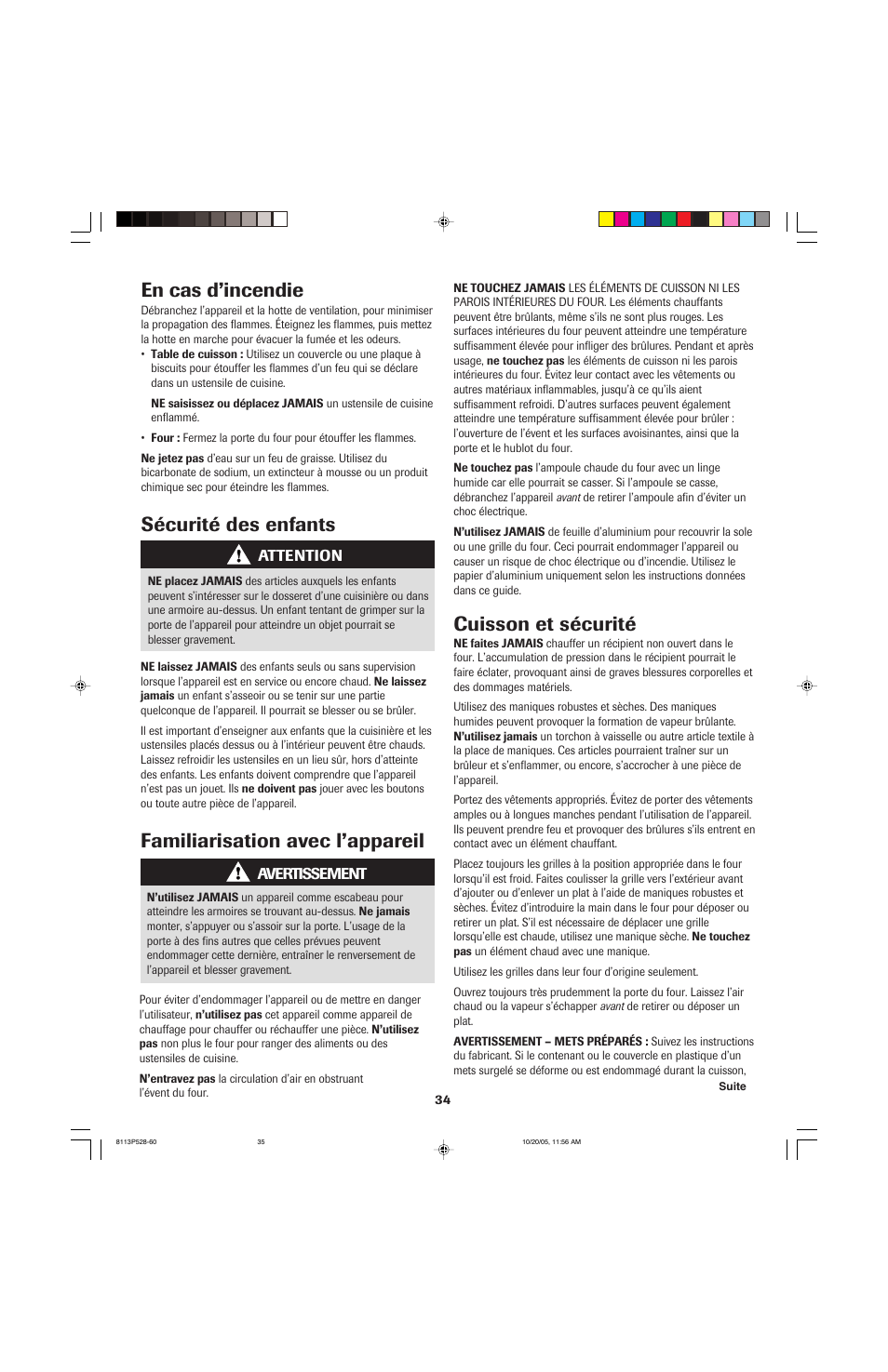 En cas d’incendie, Sécurité des enfants, Familiarisation avec l’appareil | Cuisson et sécurité | Jenn-Air air filter User Manual | Page 35 / 96