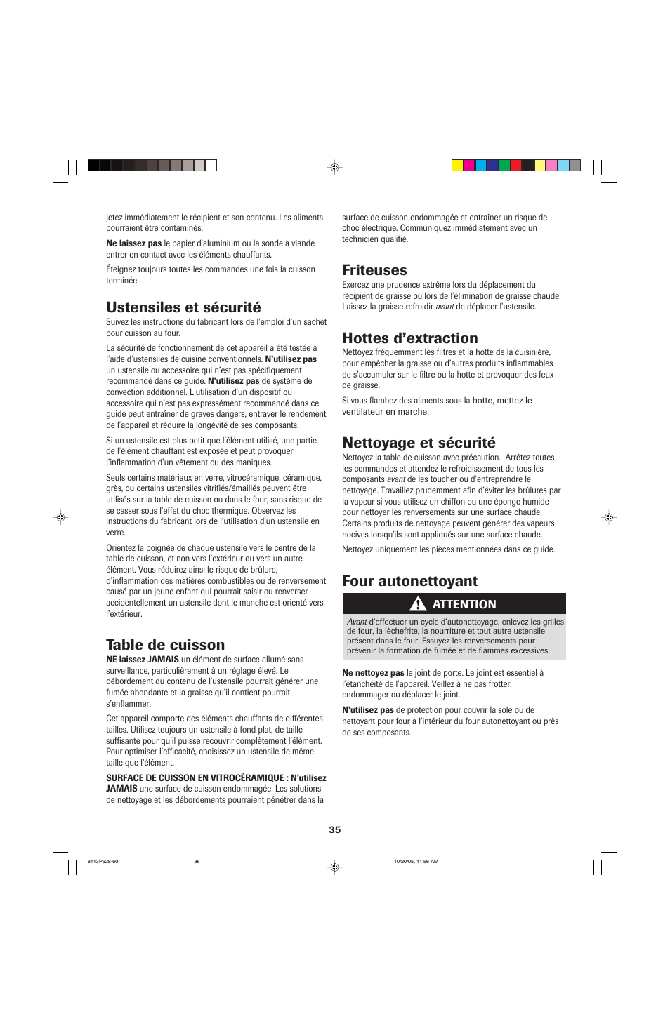 Ustensiles et sécurité, Table de cuisson, Friteuses | Hottes d’extraction, Nettoyage et sécurité, Four autonettoyant | Jenn-Air air filter User Manual | Page 36 / 96