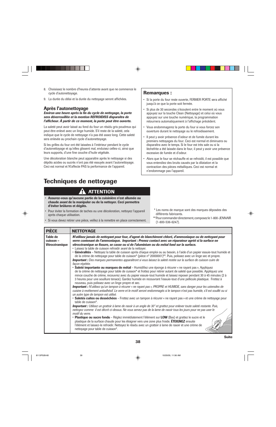 Techniques de nettoyage, Après l’autonettoyage, Remarques | Attention | Jenn-Air air filter User Manual | Page 39 / 96