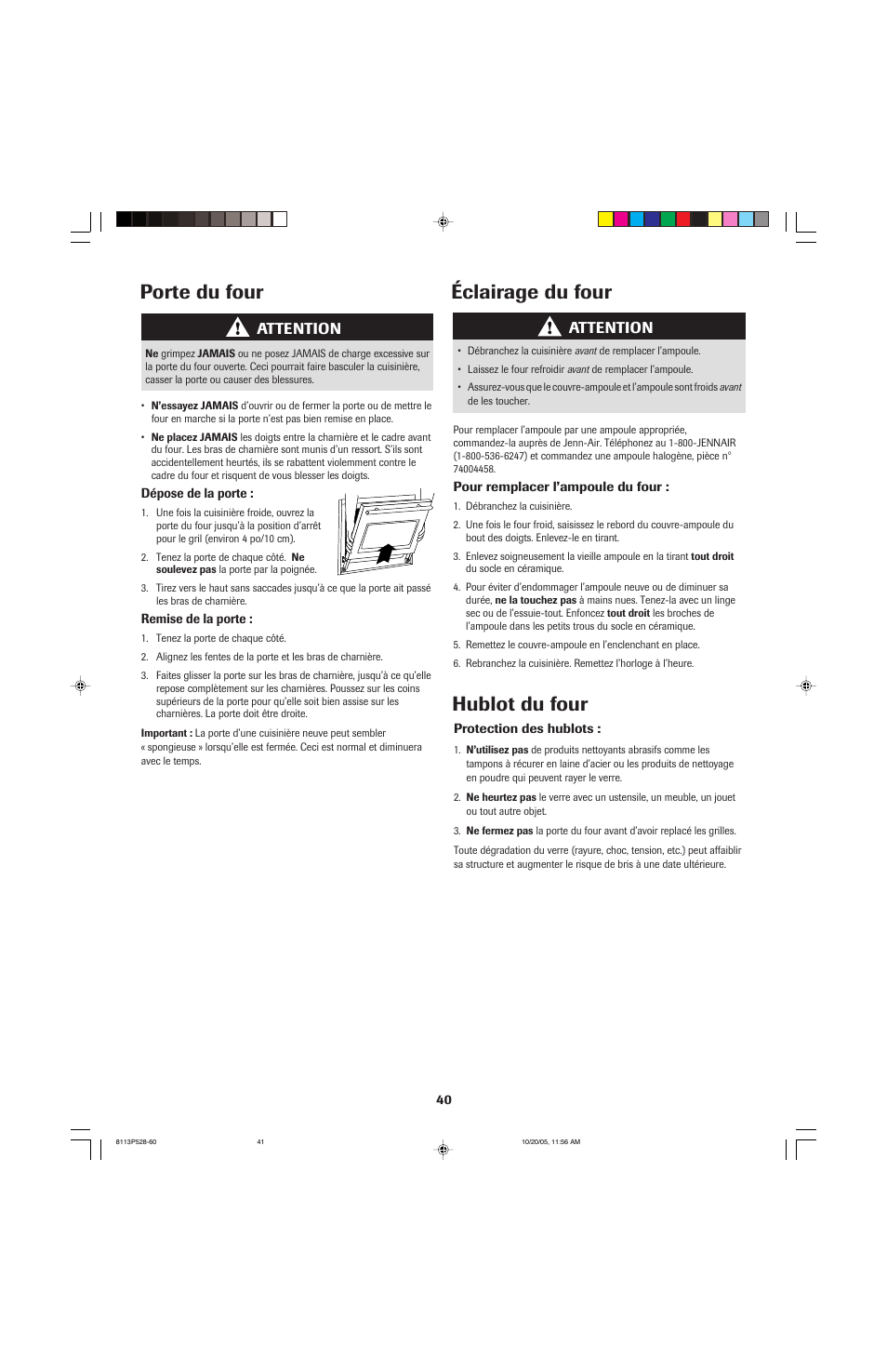 Porte du four, Éclairage du four, Hublot du four | Jenn-Air air filter User Manual | Page 41 / 96