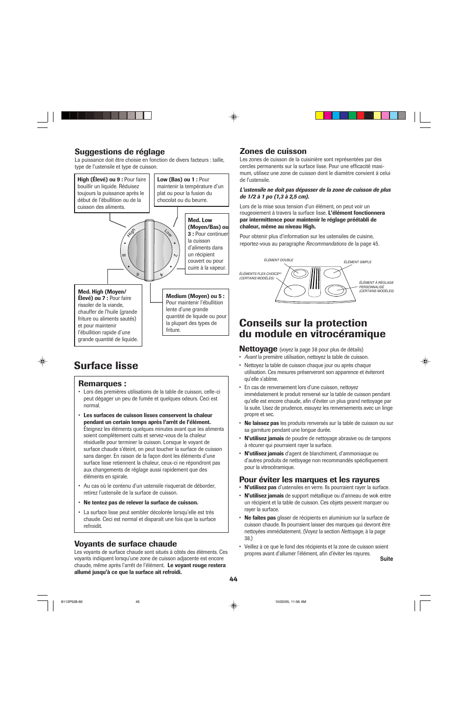 Surface lisse, Suggestions de réglage, Remarques | Zones de cuisson, Voyants de surface chaude, Nettoyage, Pour éviter les marques et les rayures | Jenn-Air air filter User Manual | Page 45 / 96