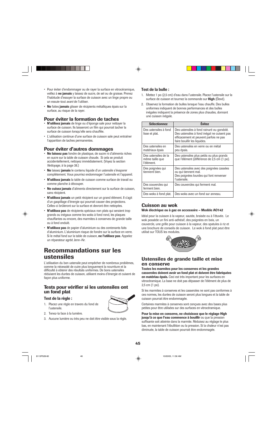 Recommandations sur les ustensiles, Pour éviter la formation de taches, Pour éviter d’autres dommages | Ustensiles de grande taille et mise en conserve, Cuisson au wok | Jenn-Air air filter User Manual | Page 46 / 96