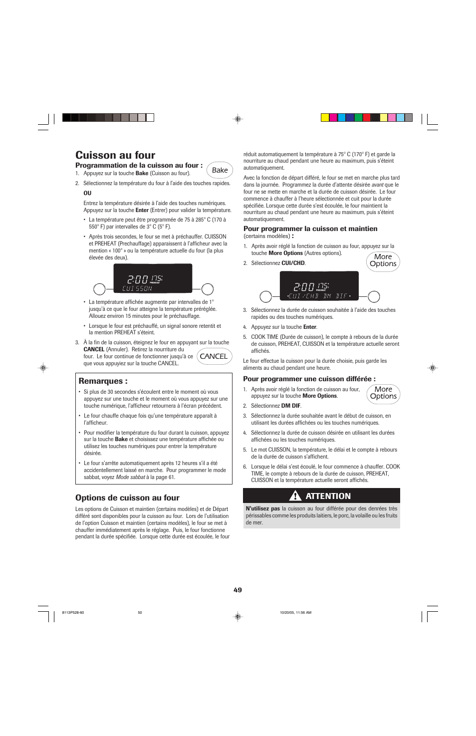 Cuisson au four, Attention, Remarques | Options de cuisson au four | Jenn-Air air filter User Manual | Page 50 / 96