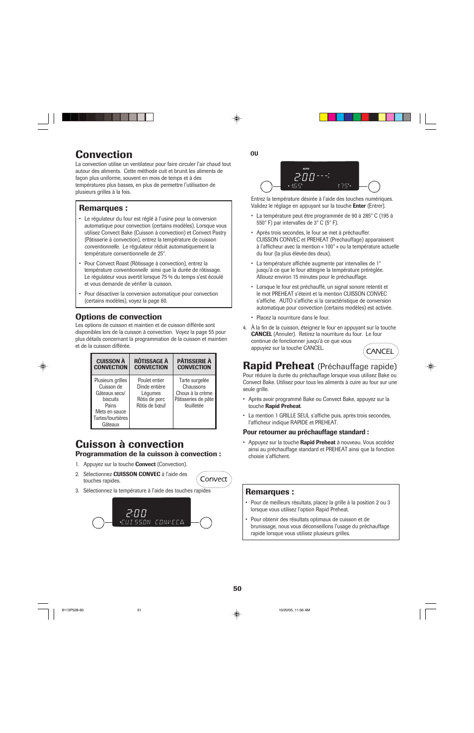 Cuisson à convection, Convection, Rapid preheat | Options de convection, Remarques, Préchauffage rapide) | Jenn-Air air filter User Manual | Page 51 / 96