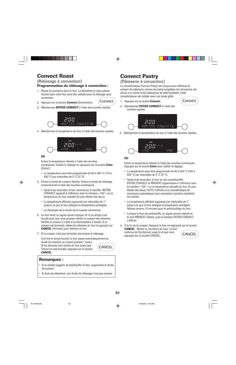 Convect roast, Convect pastry, Rôtissage à convection) | Pâtisserie à convection), Remarques | Jenn-Air air filter User Manual | Page 52 / 96