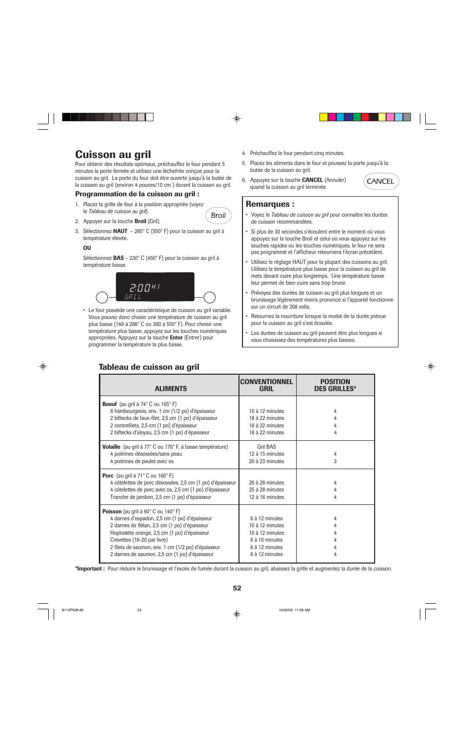 Cuisson au gril, Remarques, Tableau de cuisson au gril | Jenn-Air air filter User Manual | Page 53 / 96