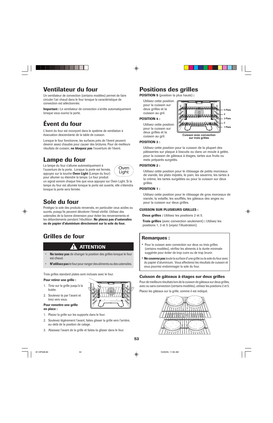 Positions des grilles, Grilles de four, Lampe du four | Sole du four, Ventilateur du four, Évent du four, Remarques, Attention | Jenn-Air air filter User Manual | Page 54 / 96