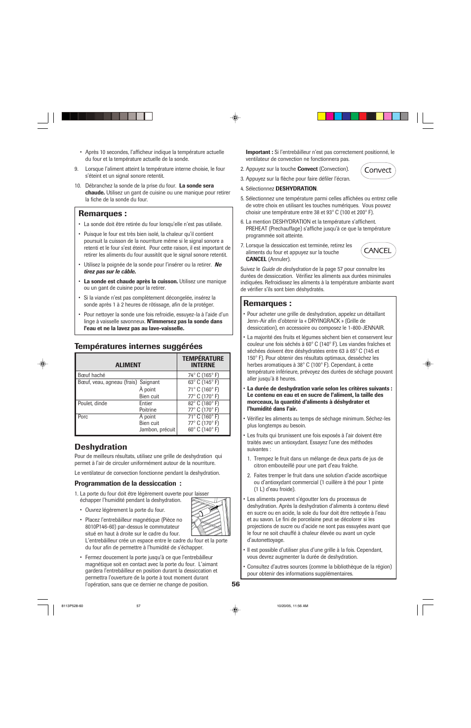 Remarques, Températures internes suggérées remarques, Deshydration | Jenn-Air air filter User Manual | Page 57 / 96