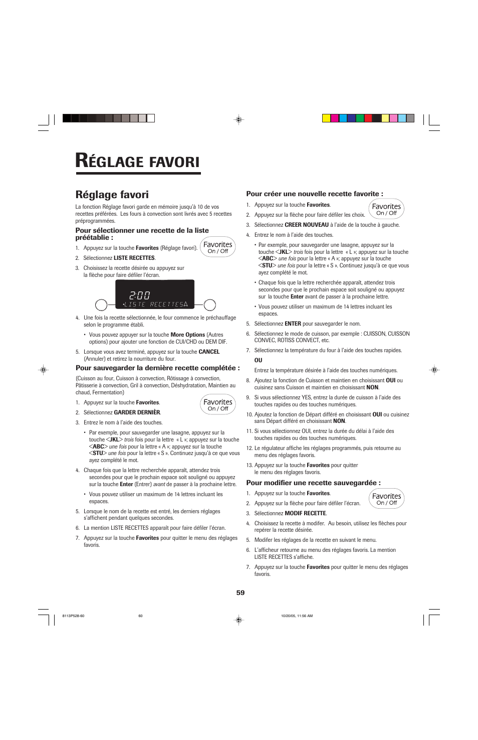 Églage, Favori, Réglage favori | Jenn-Air air filter User Manual | Page 60 / 96