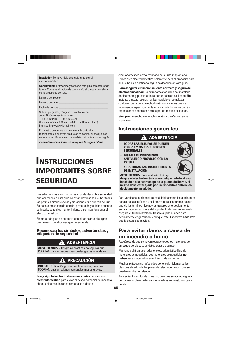 Nstrucciones importantes, Sobre seguridad, Para evitar daños a causa de un incendio o humo | Instrucciones generales | Jenn-Air air filter User Manual | Page 66 / 96