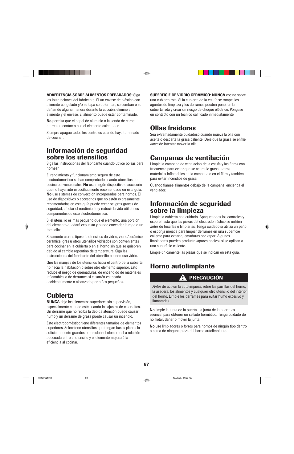 Información de seguridad sobre los utensilios, Cubierta, Ollas freidoras | Campanas de ventilación, Información de seguridad sobre la limpieza, Horno autolimpiante | Jenn-Air air filter User Manual | Page 68 / 96