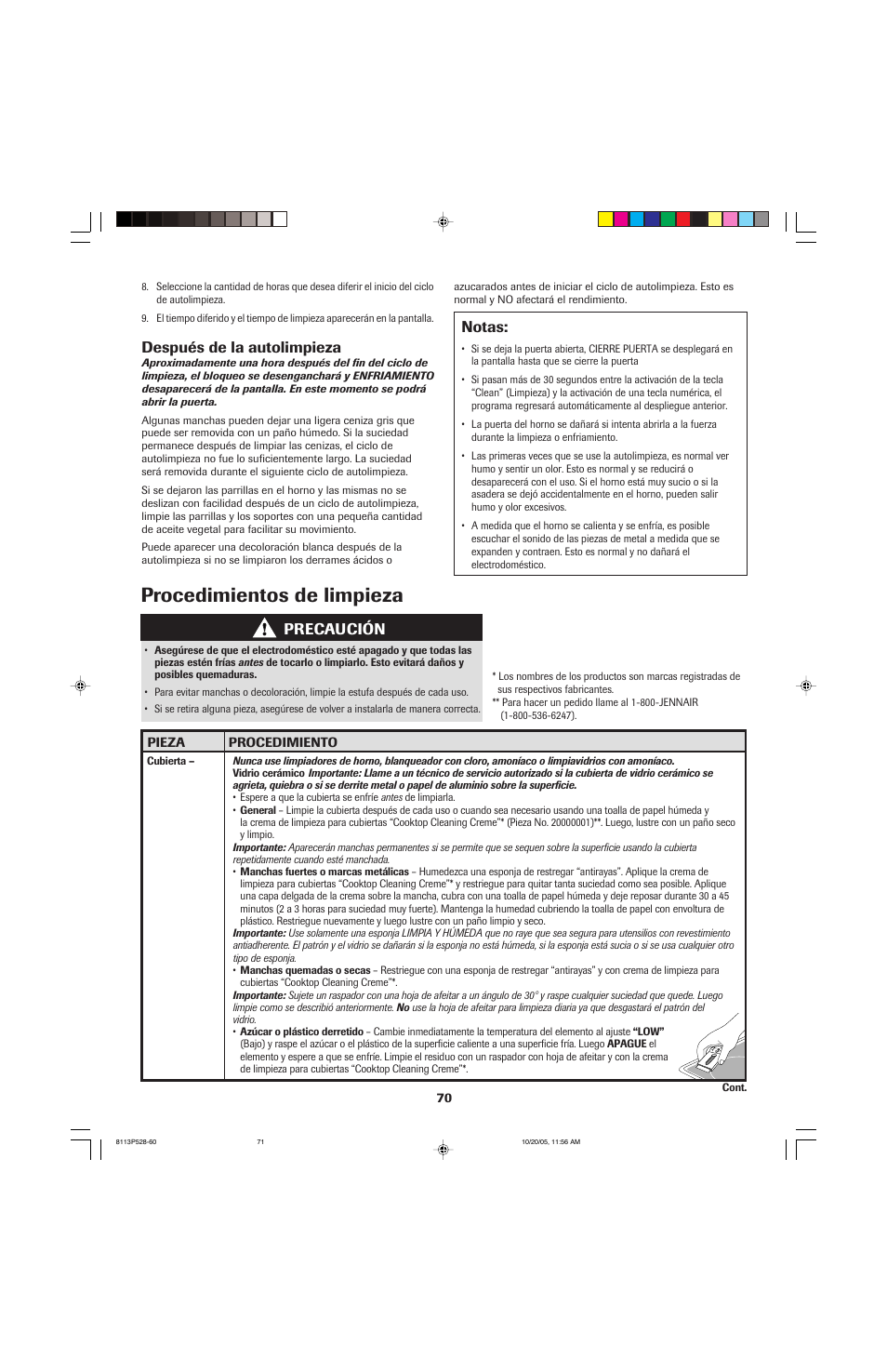 Procedimientos de limpieza, Después de la autolimpieza, Notas | Precaución | Jenn-Air air filter User Manual | Page 71 / 96