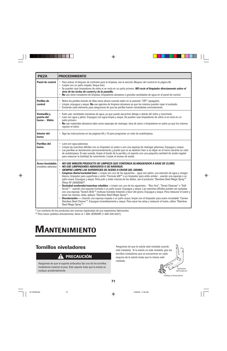 Antenimiento, Tornillos niveladores, Precaución | Jenn-Air air filter User Manual | Page 72 / 96