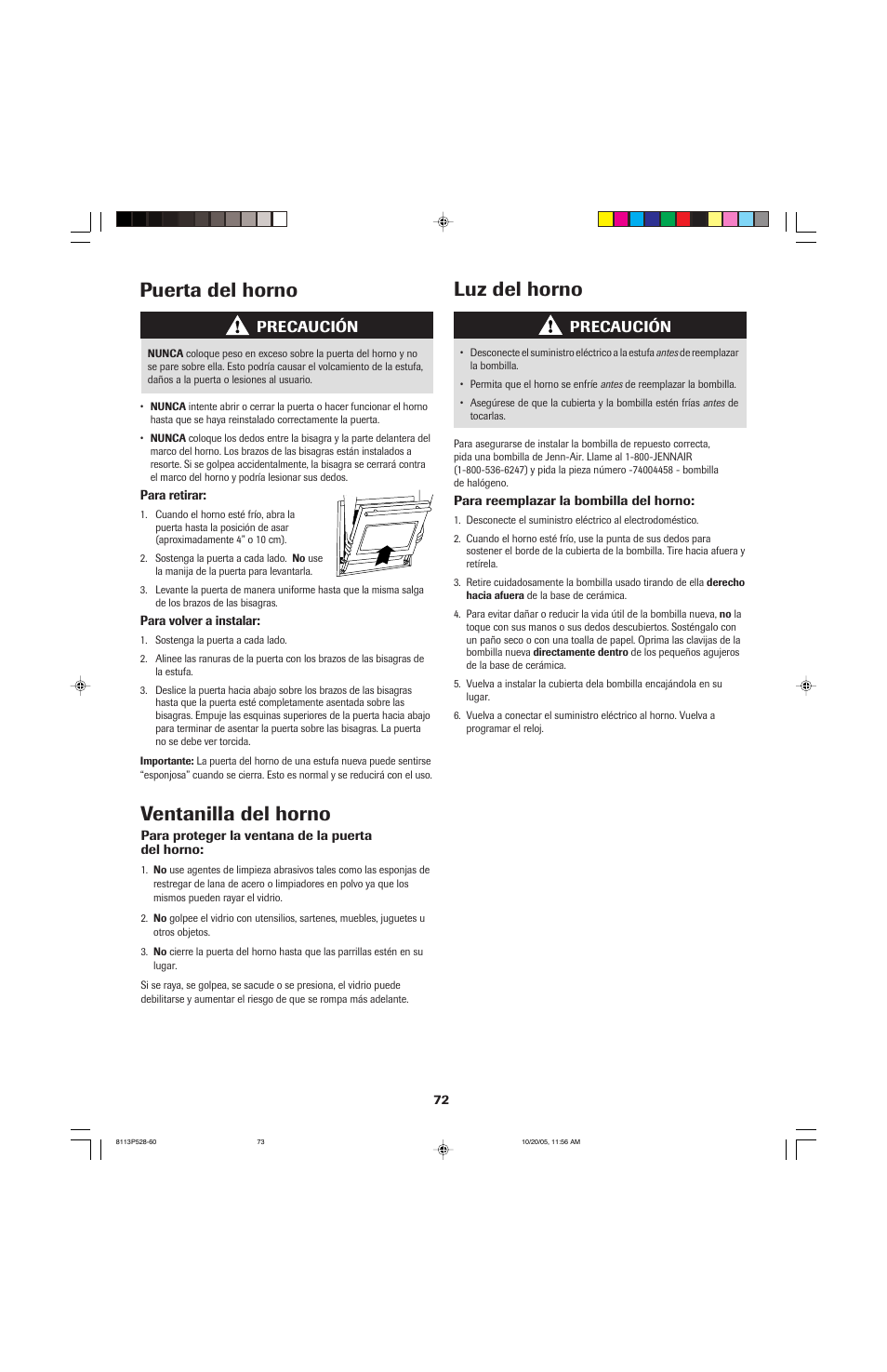 Puerta del horno, Ventanilla del horno, Luz del horno | Jenn-Air air filter User Manual | Page 73 / 96