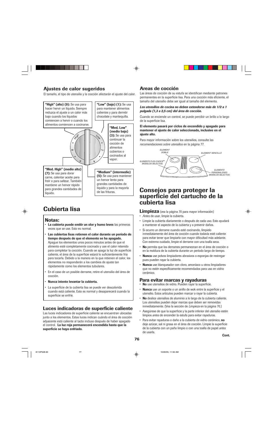 Cubierta lisa, Ajustes de calor sugeridos, Notas | Areas de cocción, Luces indicadoras de superficie caliente, Limpieza, Para evitar marcas y rayaduras | Jenn-Air air filter User Manual | Page 77 / 96