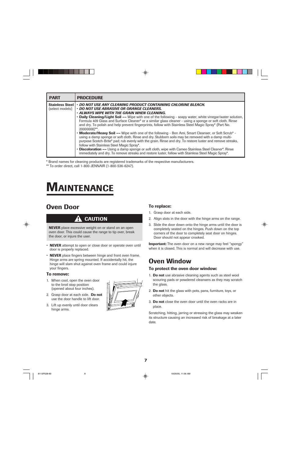 Aintenance, Oven door, Oven window | Jenn-Air air filter User Manual | Page 8 / 96