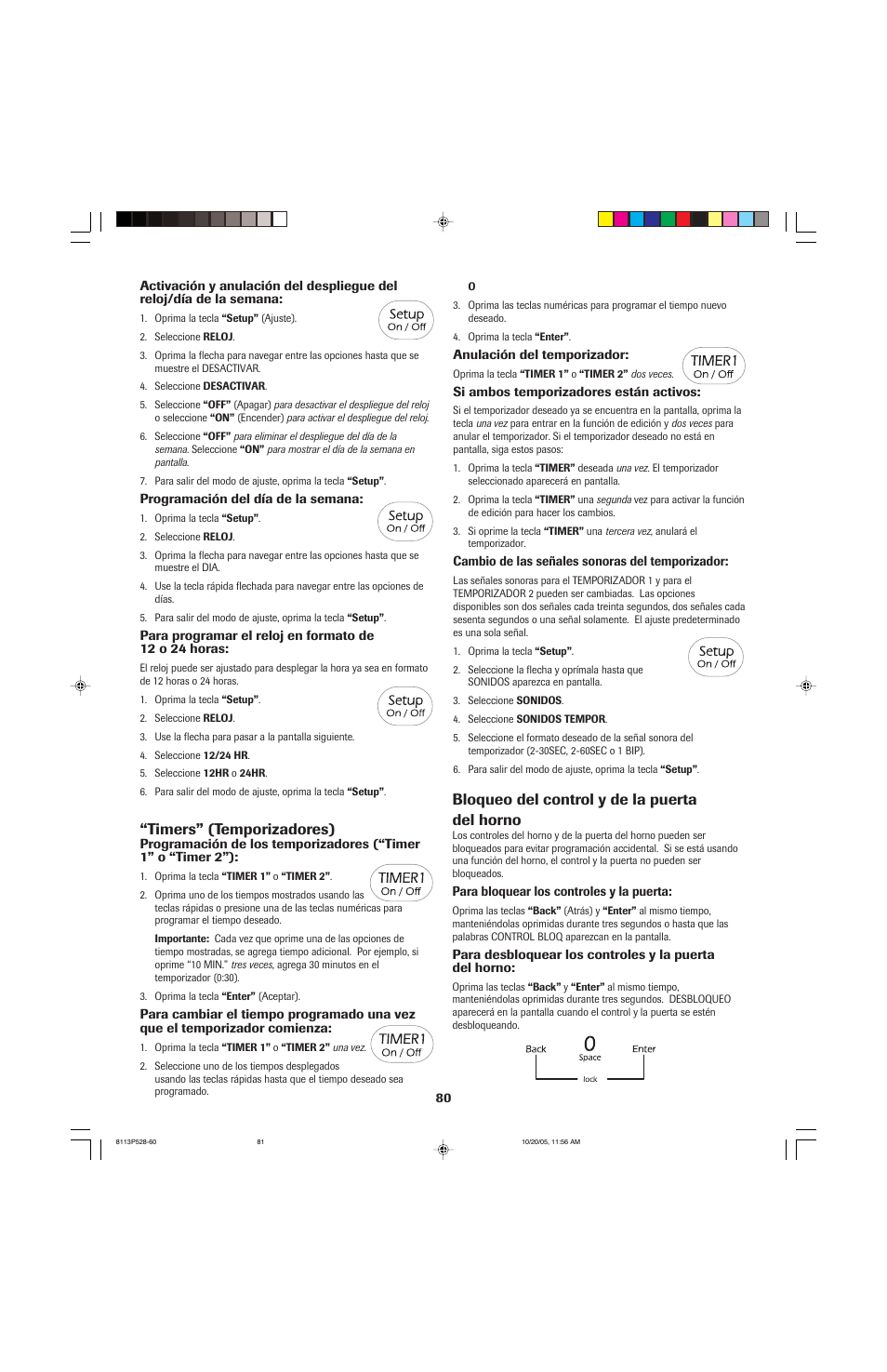 Timers” (temporizadores), Bloqueo del control y de la puerta del horno | Jenn-Air air filter User Manual | Page 81 / 96