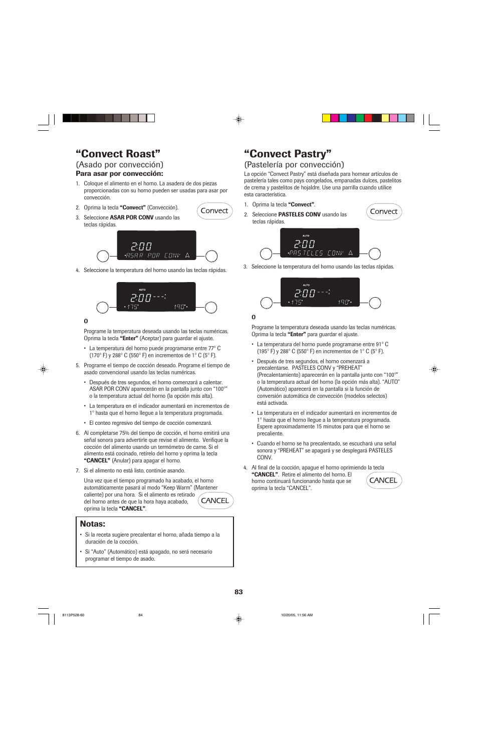 Convect roast, Convect pastry, Asado por convección) | Pastelería por convección), Notas | Jenn-Air air filter User Manual | Page 84 / 96