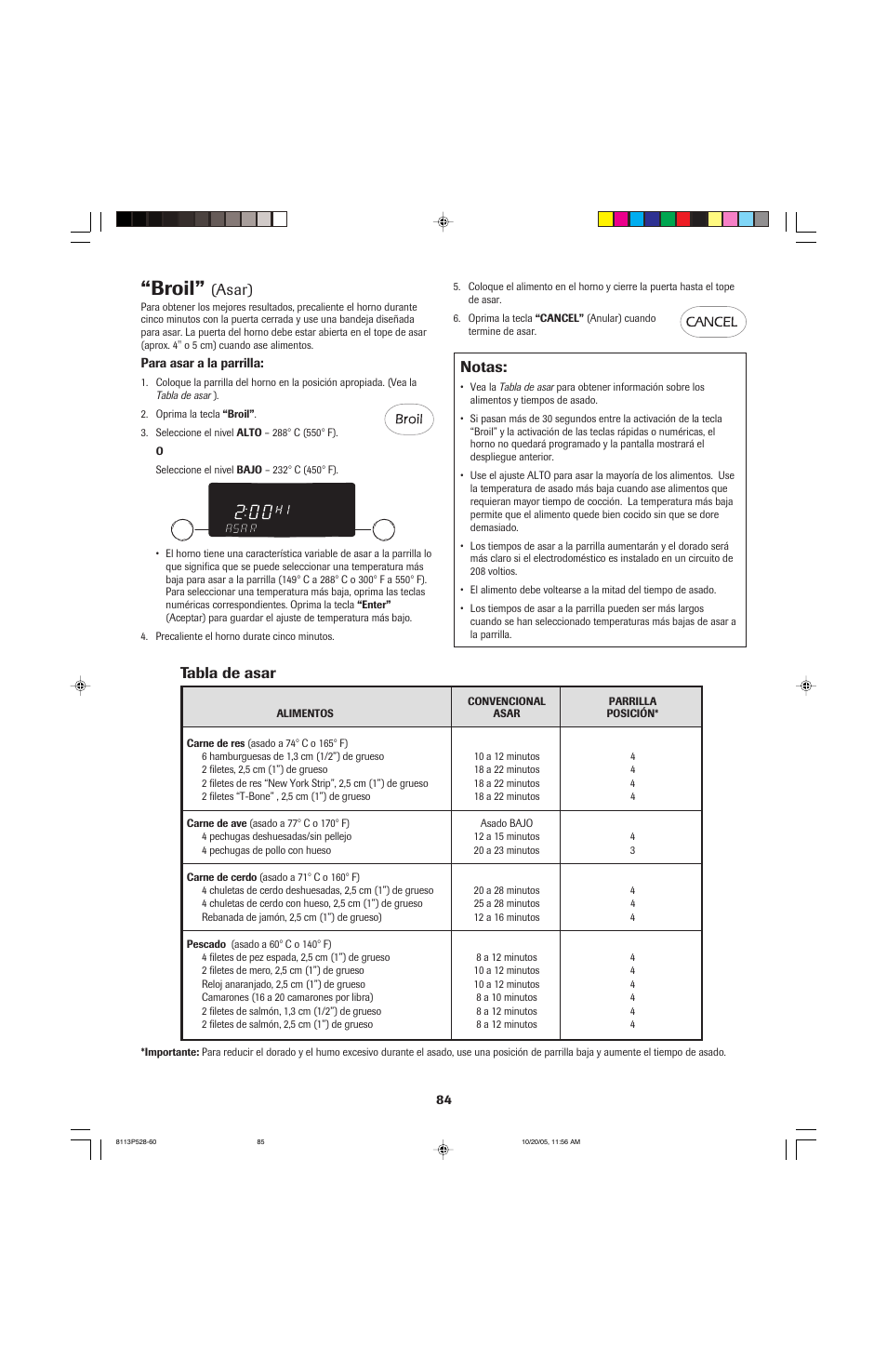 Broil, Asar), Notas | Tabla de asar | Jenn-Air air filter User Manual | Page 85 / 96