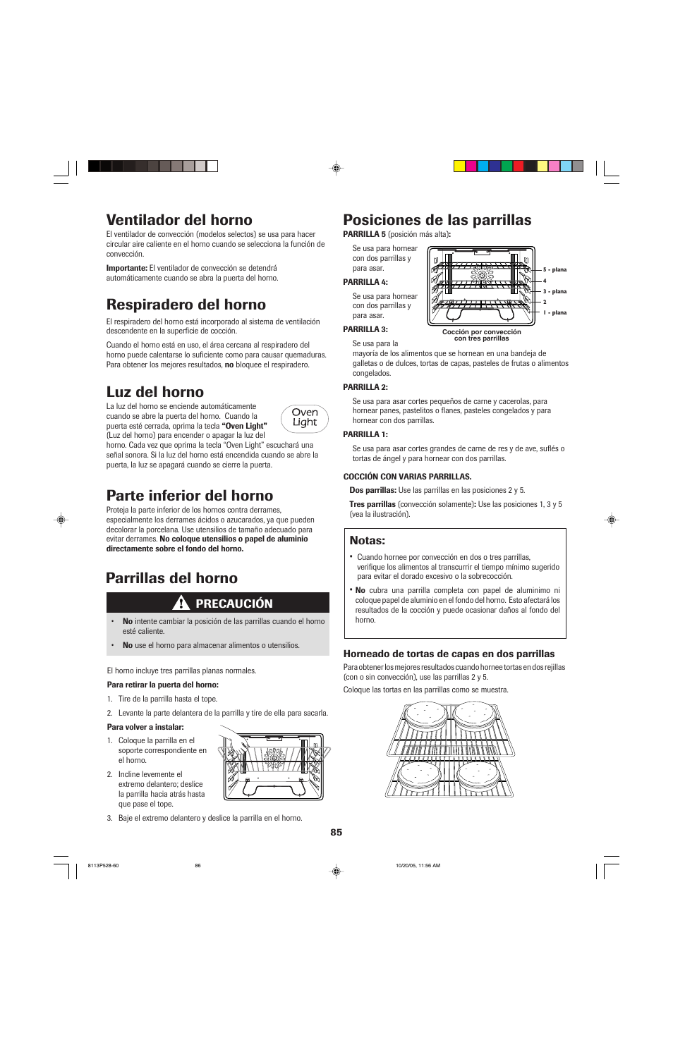 Posiciones de las parrillas, Parrillas del horno, Luz del horno | Parte inferior del horno, Ventilador del horno, Respiradero del horno, Notas, Precaución | Jenn-Air air filter User Manual | Page 86 / 96