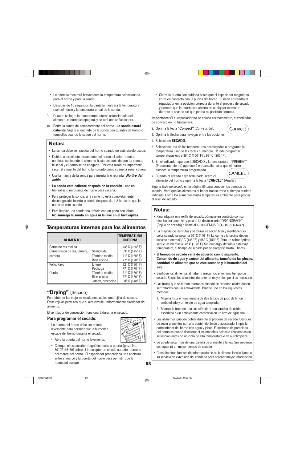 Notas, Temperaturas internas para los alimentos, Drying | Jenn-Air air filter User Manual | Page 89 / 96