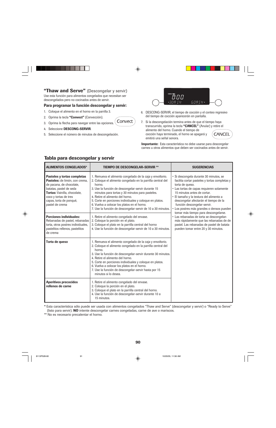 Thaw and serve, Tabla para descongelar y servir | Jenn-Air air filter User Manual | Page 91 / 96