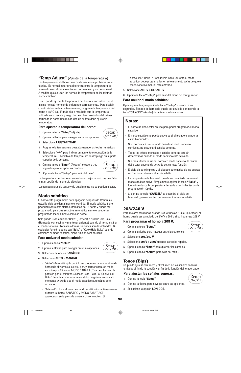 Modo sabático, Temp adjust, Notas | Tonos (bips) | Jenn-Air air filter User Manual | Page 94 / 96