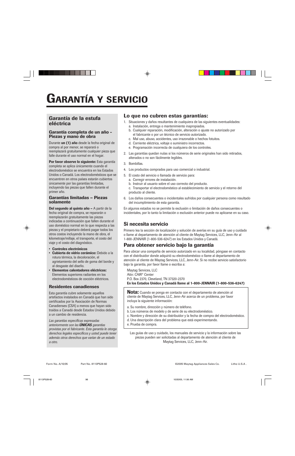 Arantía, Servicio | Jenn-Air air filter User Manual | Page 96 / 96