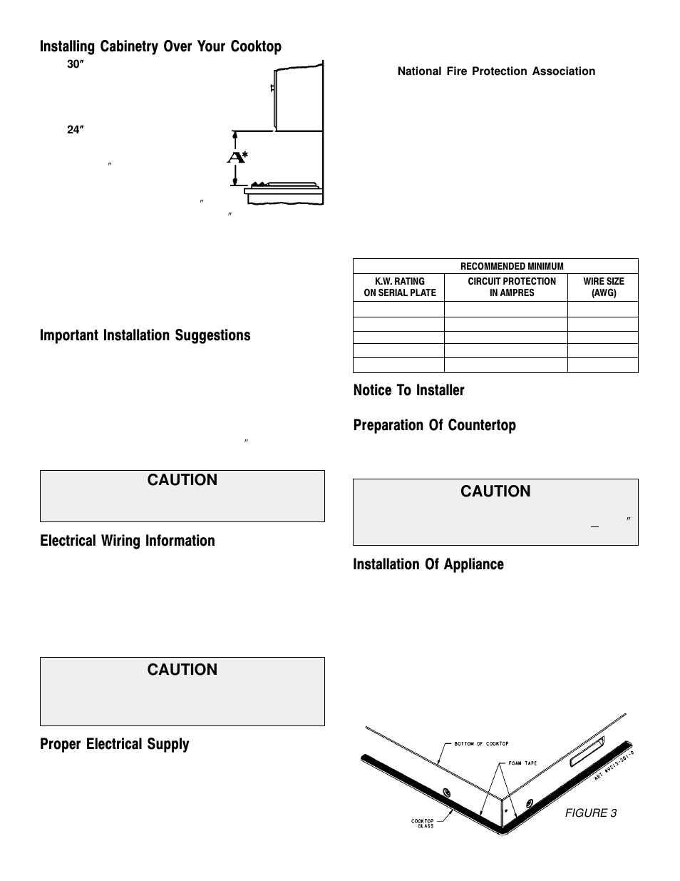 Installing cabinetry over your cooktop, Important installation suggestions, Caution | Electrical wiring information, Proper electrical supply, Notice to installer, Preparation of countertop, Installation of appliance | Jenn-Air JEC0536 User Manual | Page 2 / 6