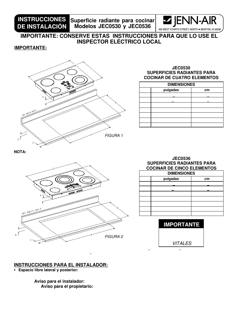 Instrucciones de instalación, Importante | Jenn-Air JEC0536 User Manual | Page 3 / 6