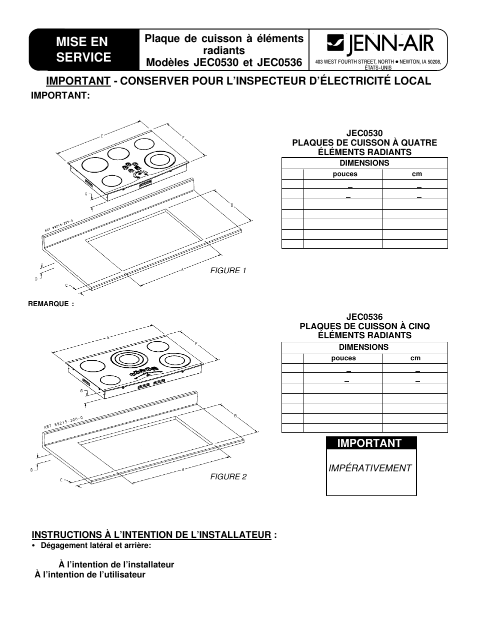 Mise en service, Important | Jenn-Air JEC0536 User Manual | Page 5 / 6