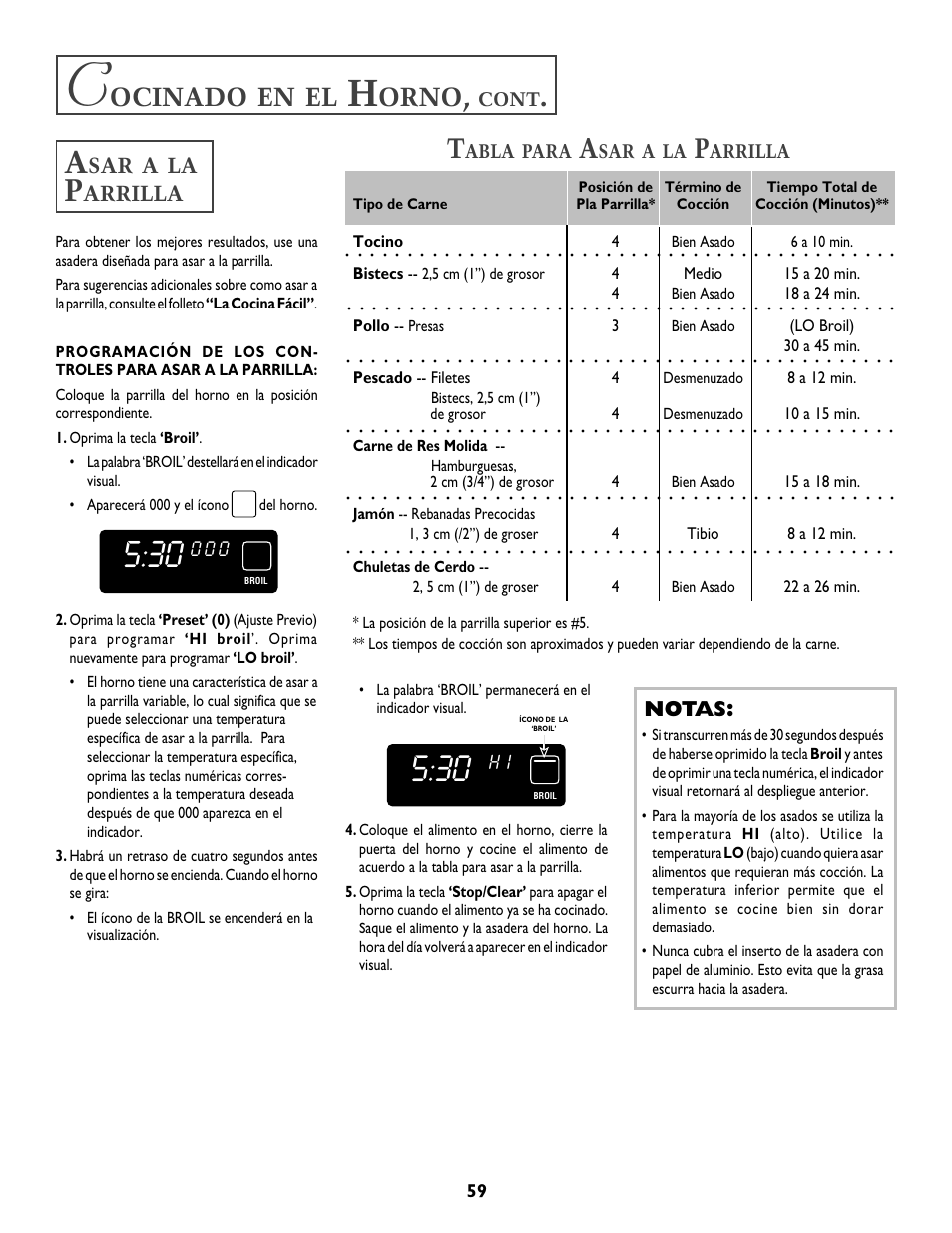 Ocinado, Orno, Arrilla | Notas, Cont, Abla, Para, Tocino 4, Bistecs, 18 a 24 min. pollo | Jenn-Air T2 User Manual | Page 60 / 72
