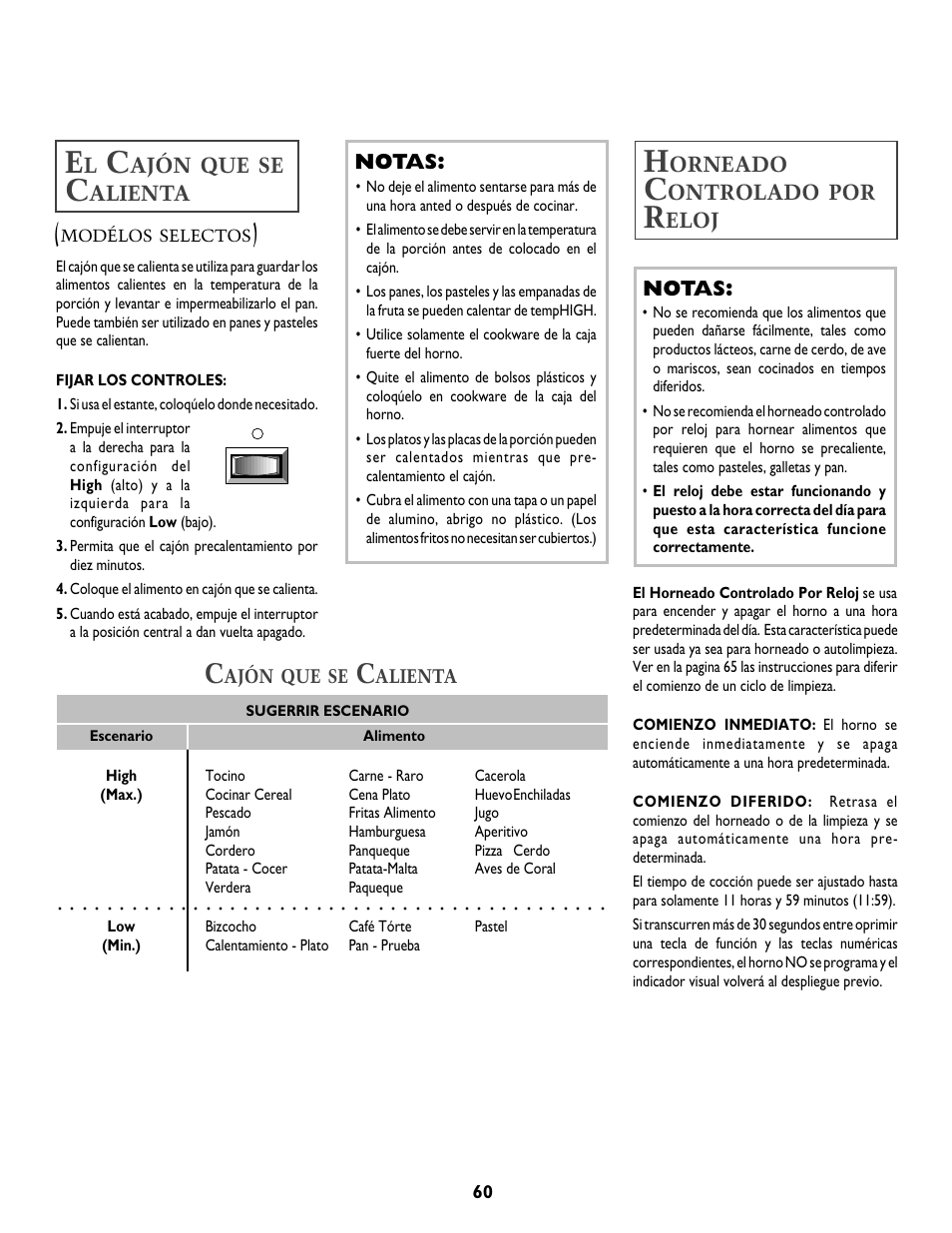 Ajón, Alienta, Notas | Orneado, Ontrolado, Eloj | Jenn-Air T2 User Manual | Page 61 / 72