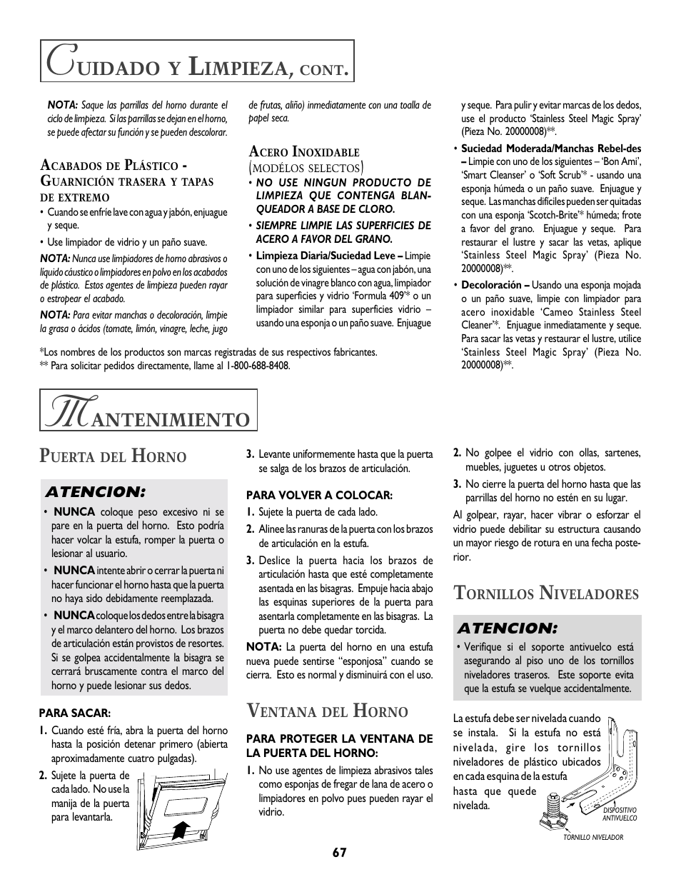 Antenimiento, Uidado, Impieza | Jenn-Air T2 User Manual | Page 68 / 72