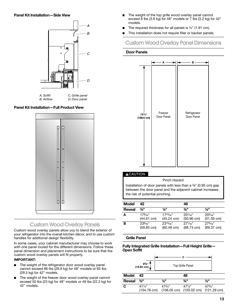 Custom wood overlay panels, Custom wood overlay panel dimensions | Jenn-Air W10379136A User Manual | Page 13 / 72