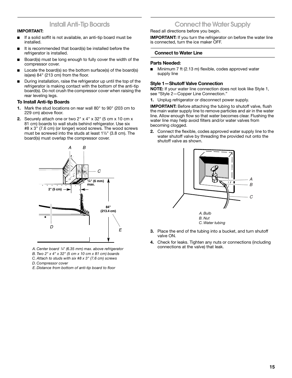 Install anti-tip boards, Connect the water supply | Jenn-Air W10379136A User Manual | Page 15 / 72