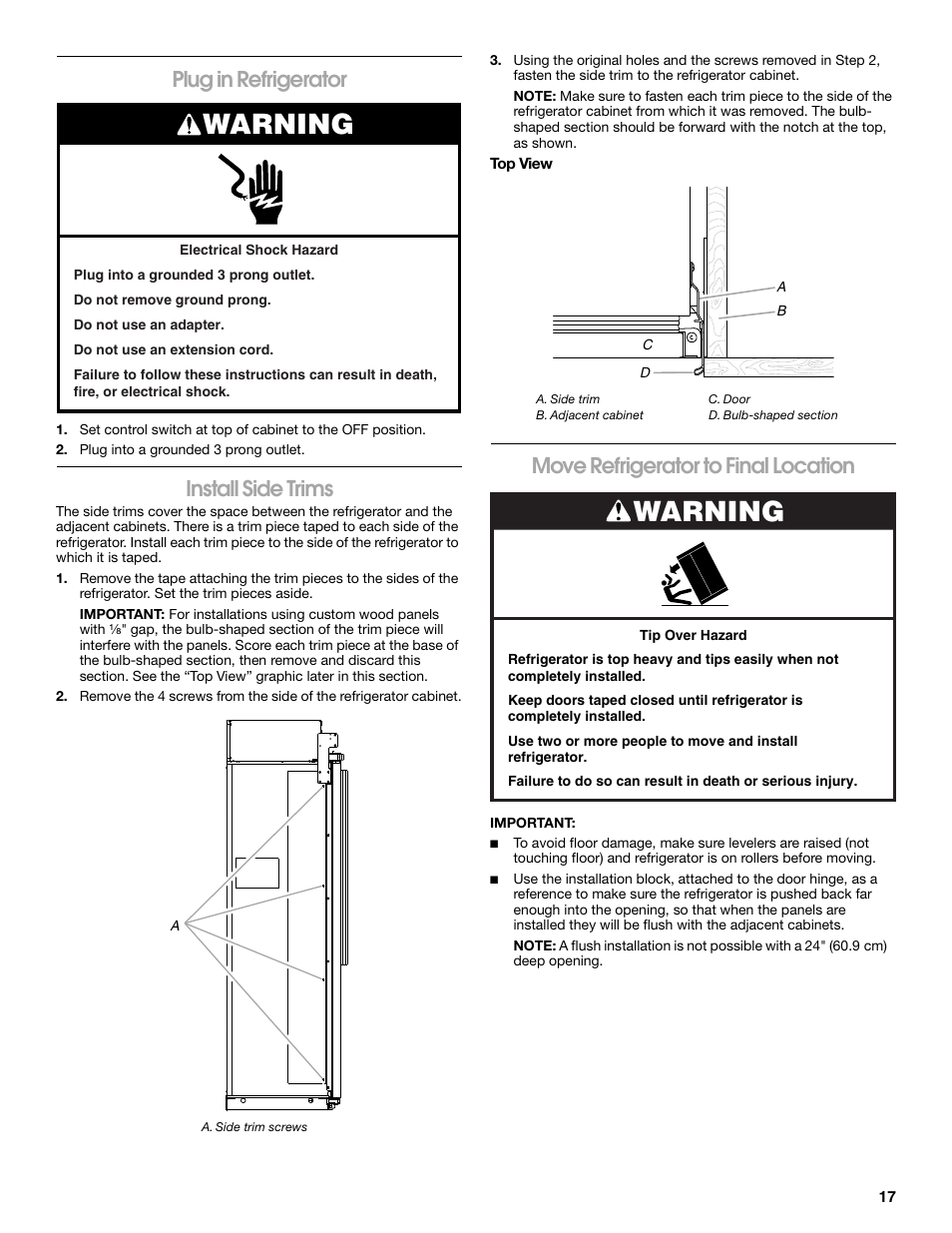 Warning, Plug in refrigerator, Install side trims | Move refrigerator to final location | Jenn-Air W10379136A User Manual | Page 17 / 72