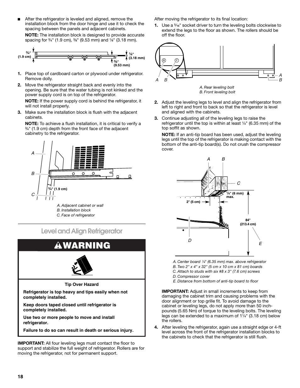 Warning, Level and align refrigerator | Jenn-Air W10379136A User Manual | Page 18 / 72