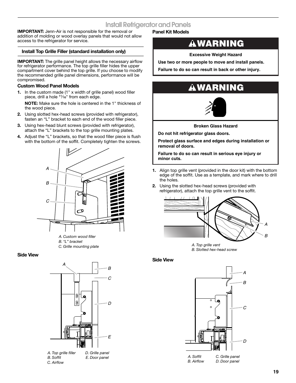 Warning, Install refrigerator and panels | Jenn-Air W10379136A User Manual | Page 19 / 72